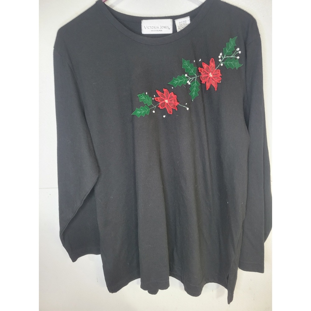 Victoria‎ Jones Black Long Sleeve Poinsettia Christmas Embroidered Tunic Top 1X